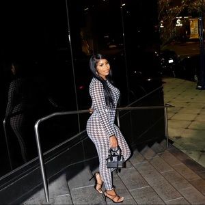 Contrast binding mesh houndstooth two piece set w/ bodysuit & legging Colorblock